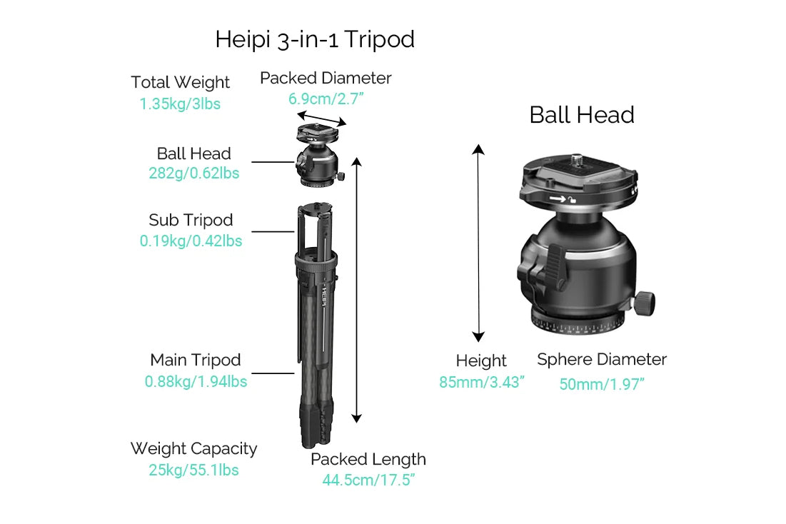 Heipi Vision 3-In-1 Carbon Fiber Travel Tripod 44.5Cm / 1.35Kg