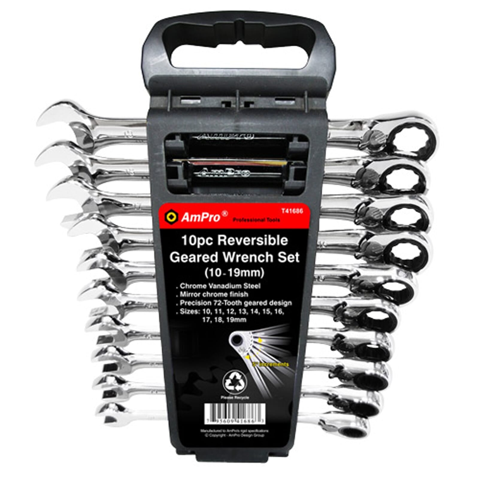 AmPro Reversible Geared Wrench Set Mirror Finish 72 Tooth 10pc 10-19mm