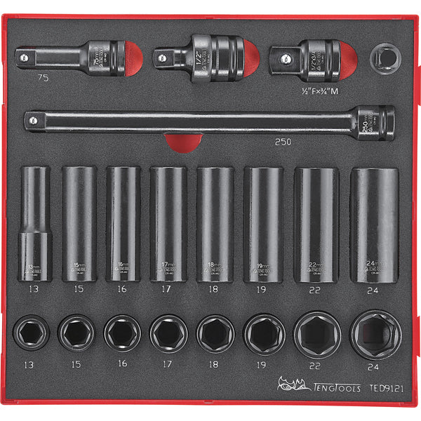 Teng 21Pc 1/2In Dr. Metric Imp. Skt & Acc. Set - Ted-Tray