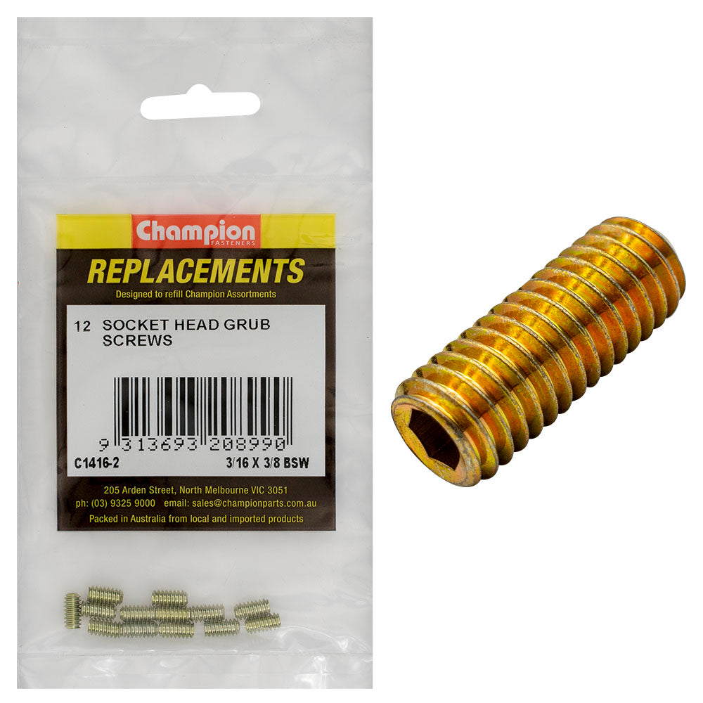 Champion 3/16In X 3/8In Bsw Socket Grub Screw -12Pk