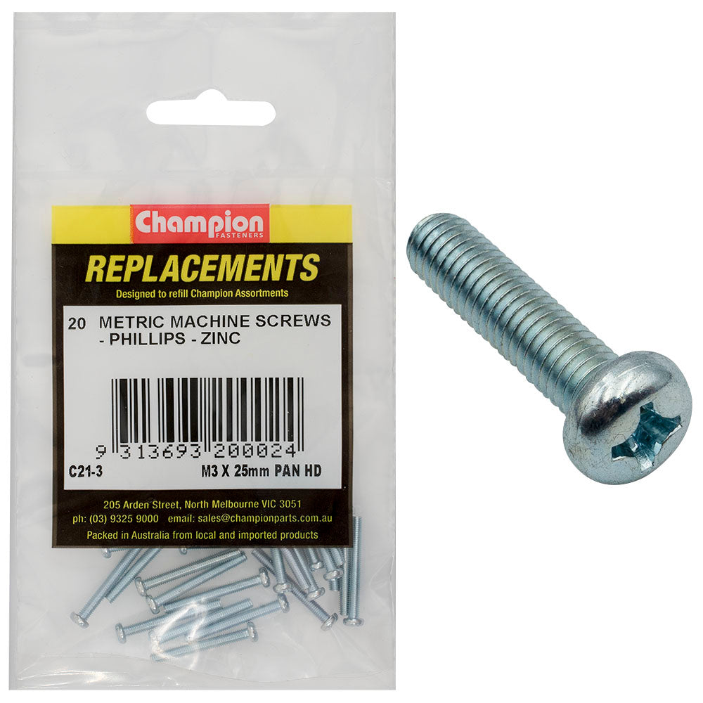 Champion M3 X 25Mm Machine Screw P/H Phillips -20Pk