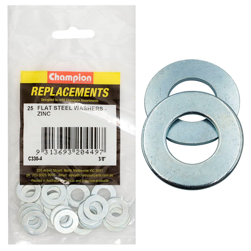 Champion 3/8In X 3/4In X 16G Flat Steel Washer -25Pk