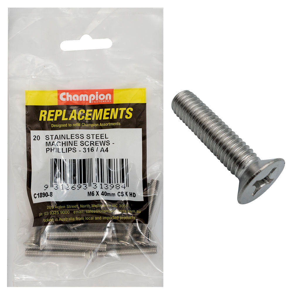 Champion M6 X 40Mm Machine Screw -Csk -Ph -316/A4 -20Pk