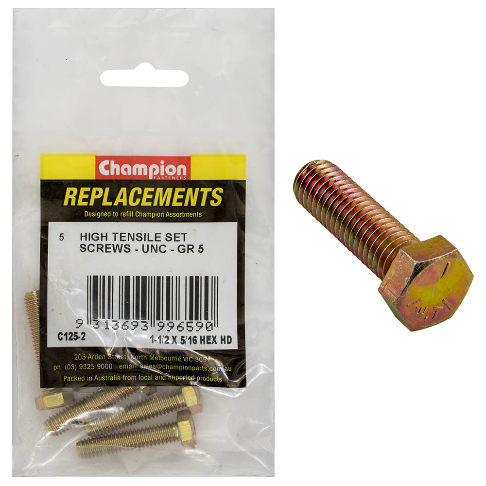 Champion 5/16In X 1-1/2In Unc Set Screw -Gr5 -5Pk