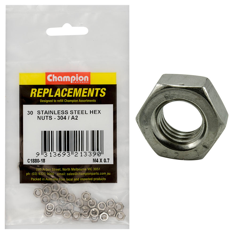 Champion M4 X 0.7 Stainless Hex Nut 304/A2 -30Pk