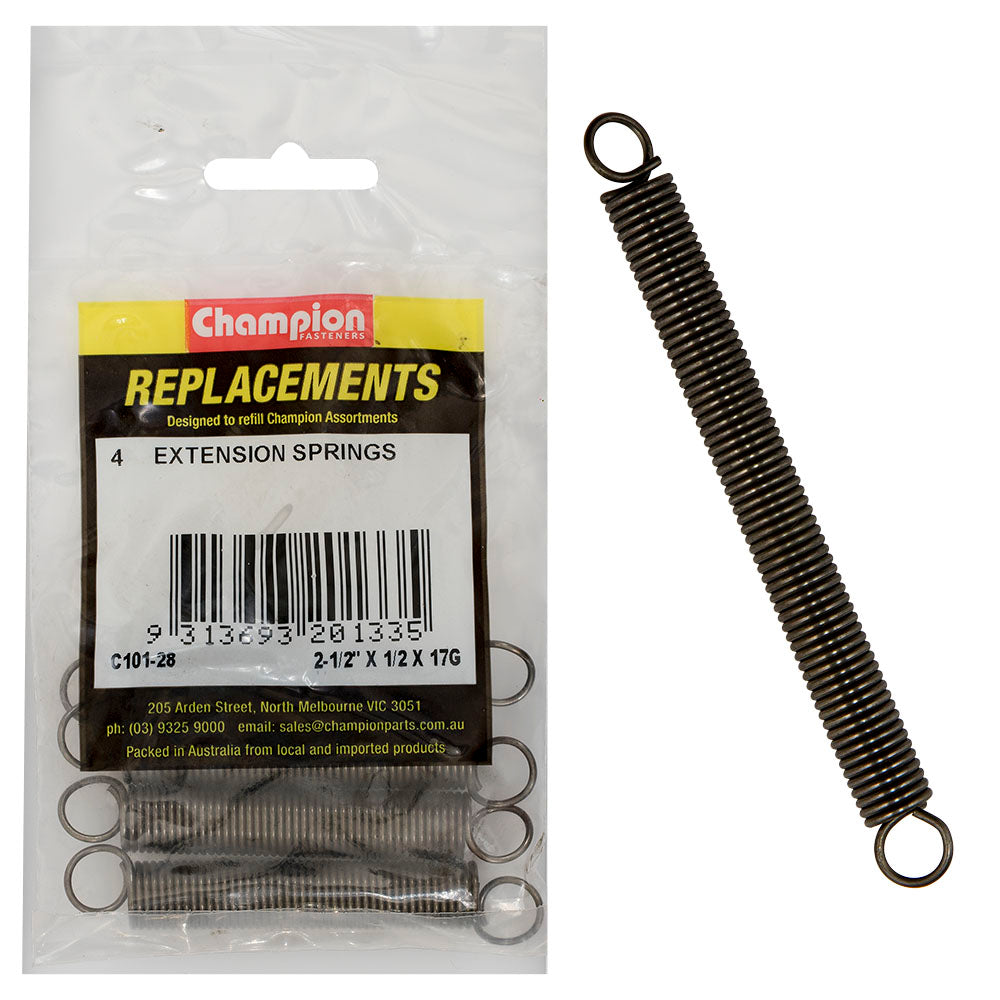 Champion 2-1/2 (L) X 1/2In (O.D) X 17G Extension Spring -4Pk