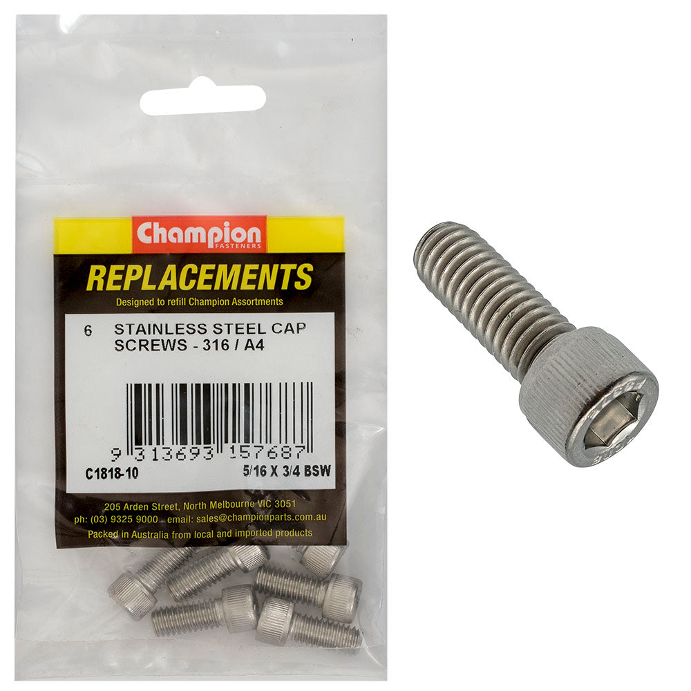 Champion 5/16In X 3/4In Bsw Socket Cap Screw 316/A4 -6Pk