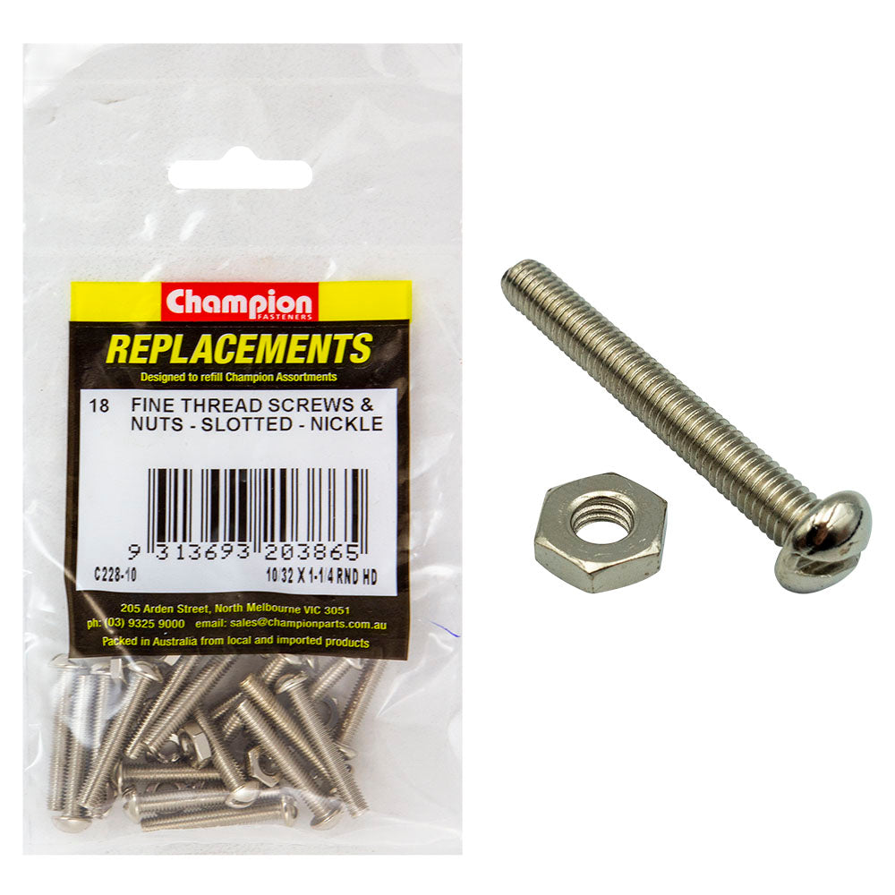 Champion 10/32 X 1-1/4In Unf Rnd Hd Machine Scr & Nut - 18Pk