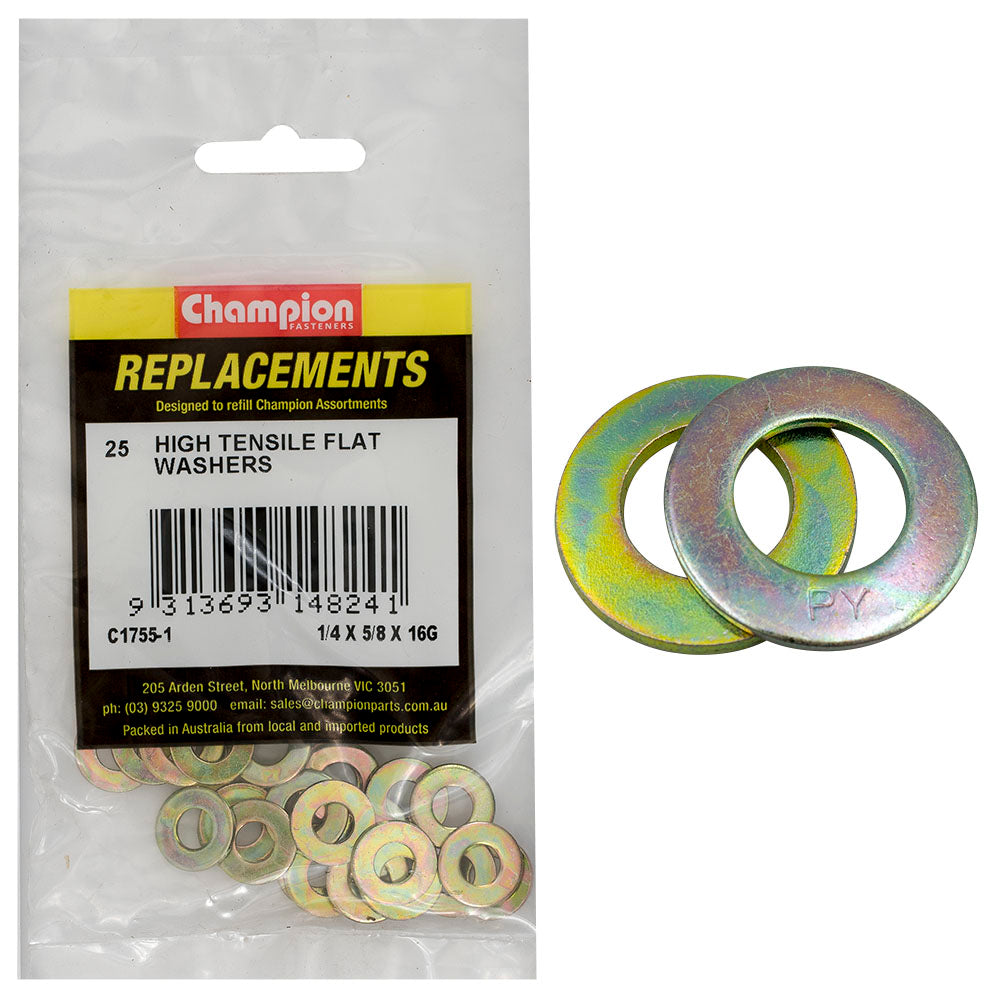 Champion 1/4In X 5/8In X 16G Ht Flat Steel Washer (Zn) -25Pk