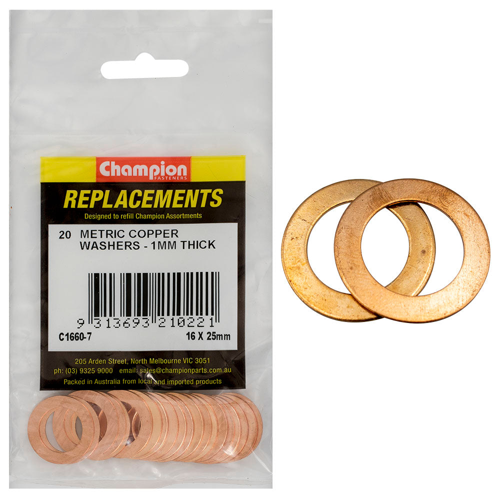 Champion M16 X 25Mm X 1.0Mm Copper Washer -20Pk