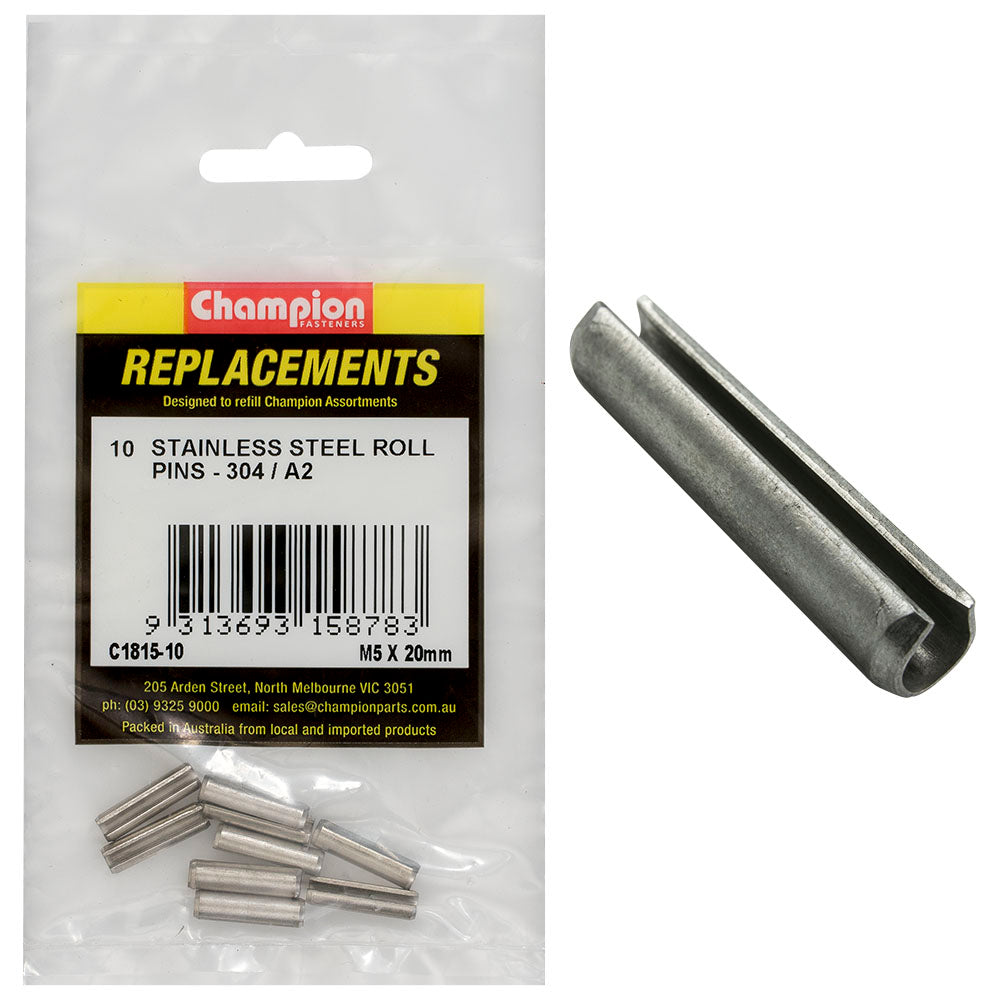 Champion 5Mm X 20Mm Stainless Roll Pin 304/A2 -10Pk