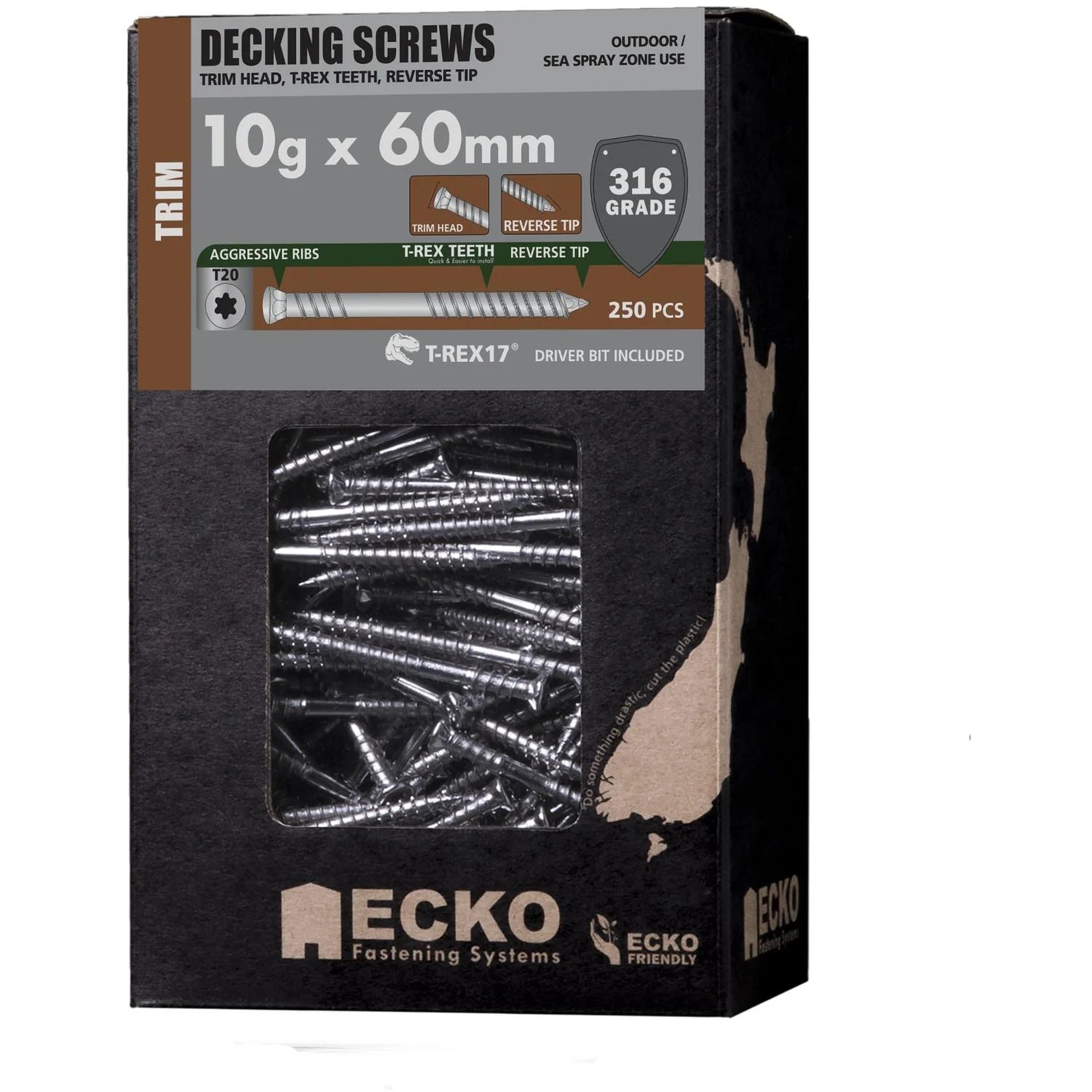 Ecko T-Rex17 Trim Head Decking Screws 10G X 60Mm Stainless Steel 316 (250 Box)