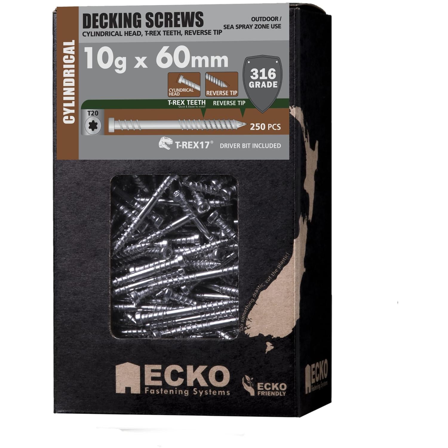 Ecko T-Rex17® Ecko 10G X 60Mm Cylindrical Head Ss316 Decking Screws (250 Box)