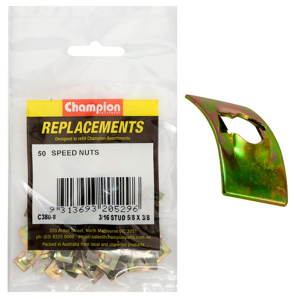 Champion 3/16In Dia. X 5/8In X 3/8In Push-On Speed Nut -50Pk