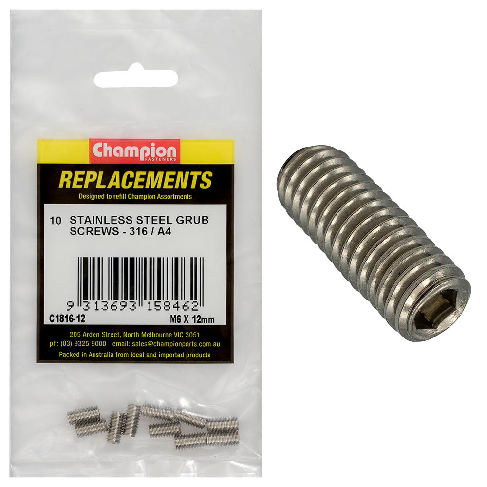 Champion M6 X 12Mm Metric Grub Screw 316/A4 -10Pk