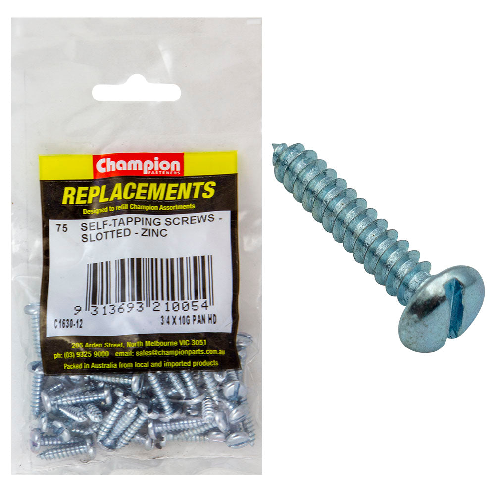 Champion 10G X 3/4In S/Tapping Screw Pan Head Slot -75Pk