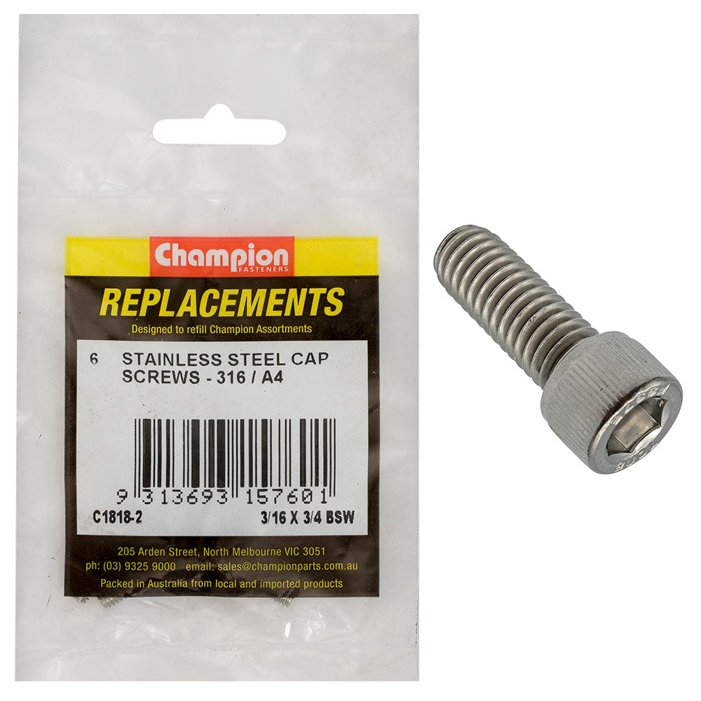 Champion 3/16In X 3/4In Bsw Socket Cap Screw 316/A4 -6Pk