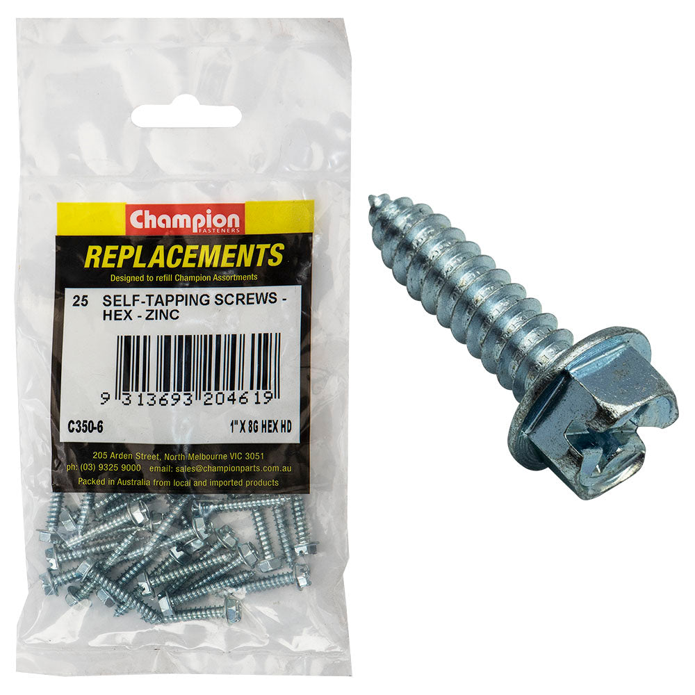 Champion 8G X 1In S/Tapping Screw Hex Head Phillips -25Pk