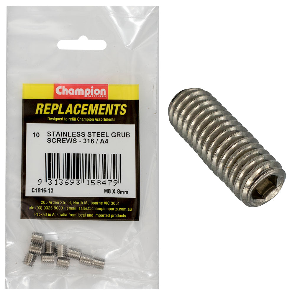 Champion M8 X 8Mm Metric Grub Screw 316/A4 -10Pk