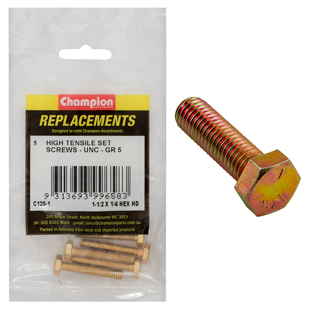 Champion 1/4In X 1-1/2In Unc Set Screw -Gr5 -5Pk