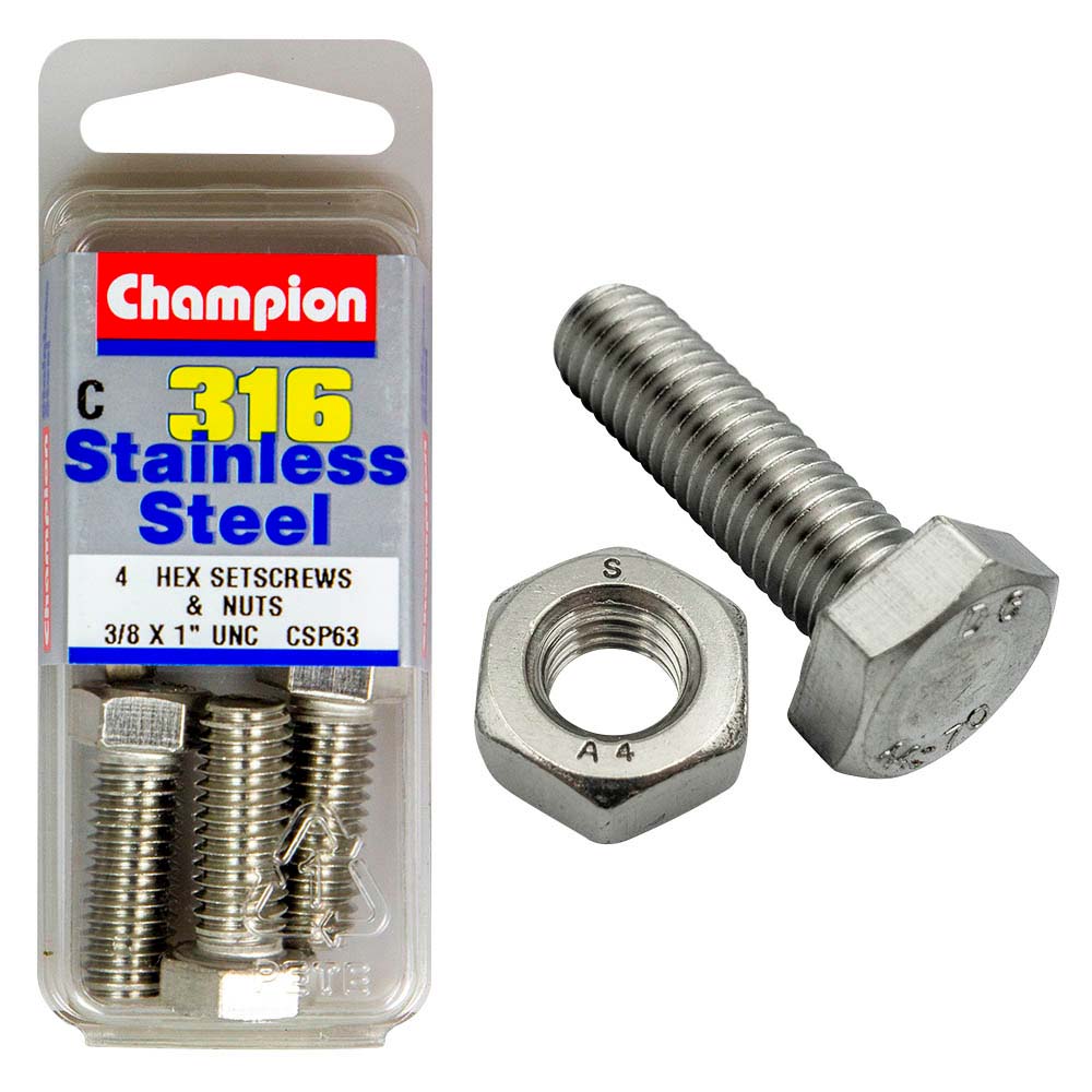 Champion 3/8In X 1In Unc Hex Set Screw 316/A4 (C)