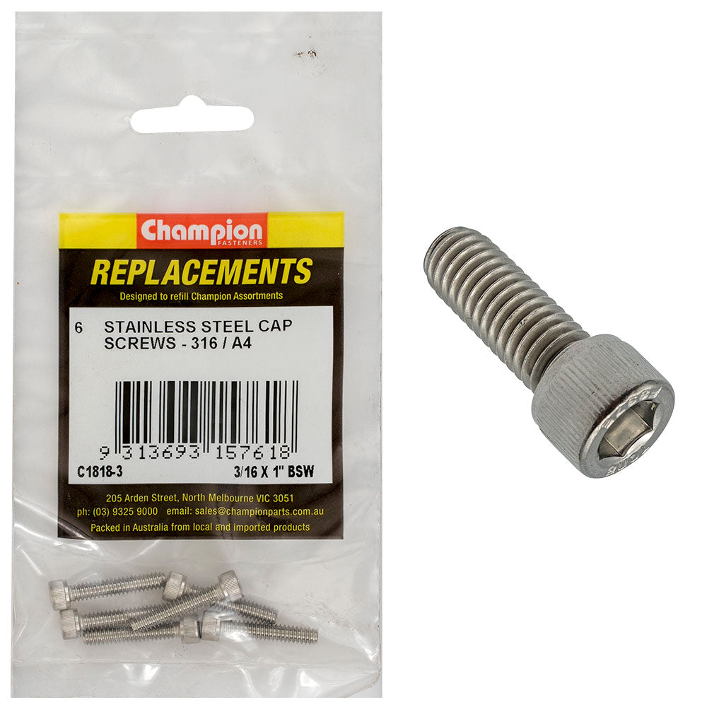 Champion 3/16In X 1In Bsw Socket Cap Screw 316/A4 -6Pk