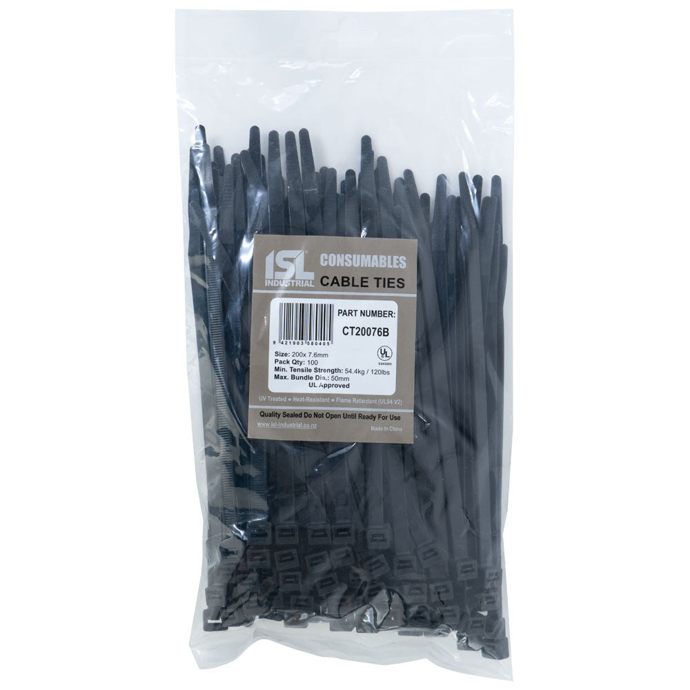 ISL 200 x 7.6mm UV Nylon Cable Tie - Blk. - 100pk