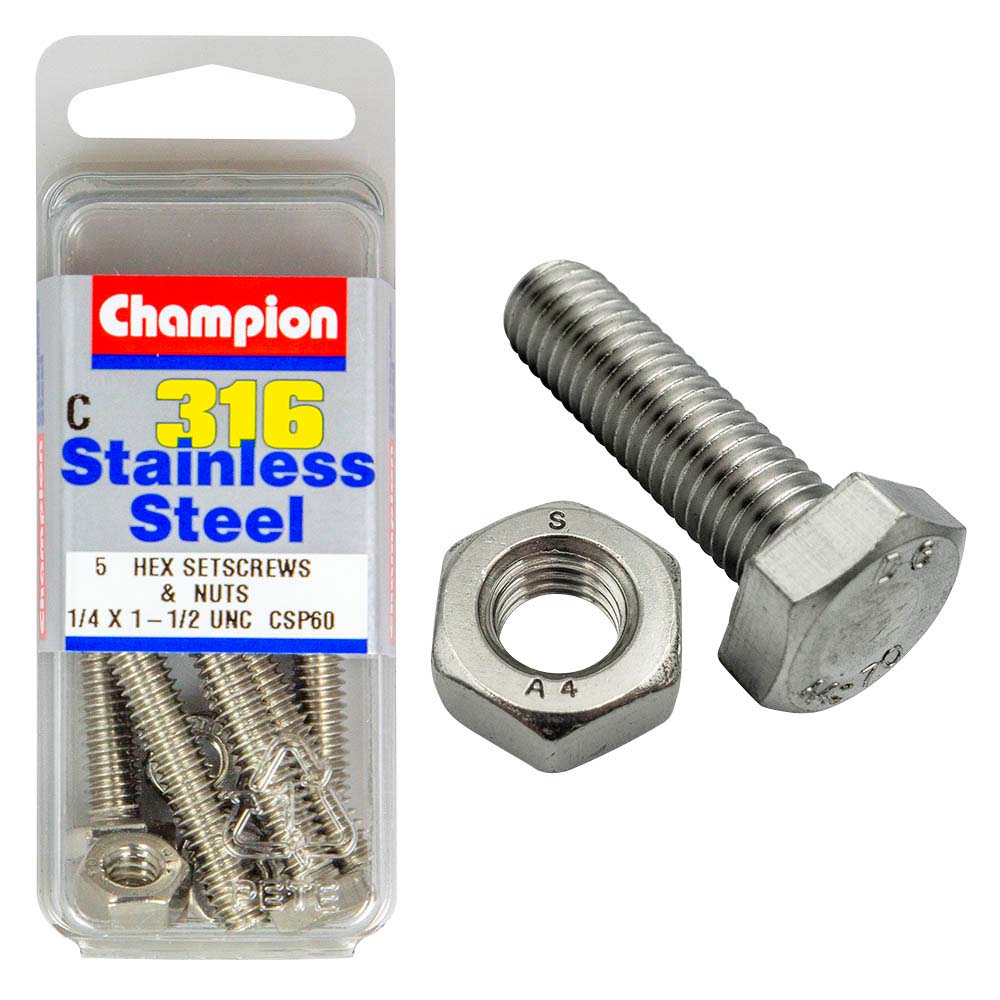 Champion 1/4In X 1-1/2In Unc Hex Set Screw 316/A4 (C)