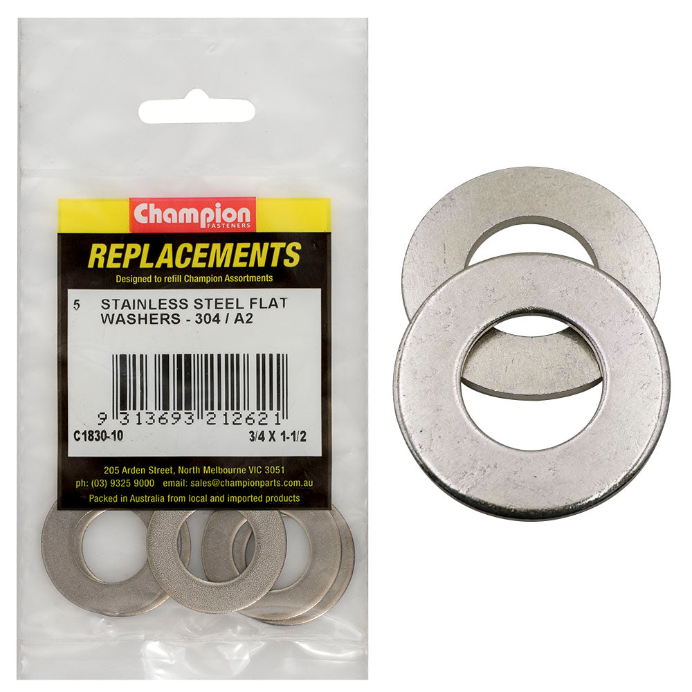 Champion 3/4In X 1-1/2In Stainless Flat Washer 304/A2 -5Pk