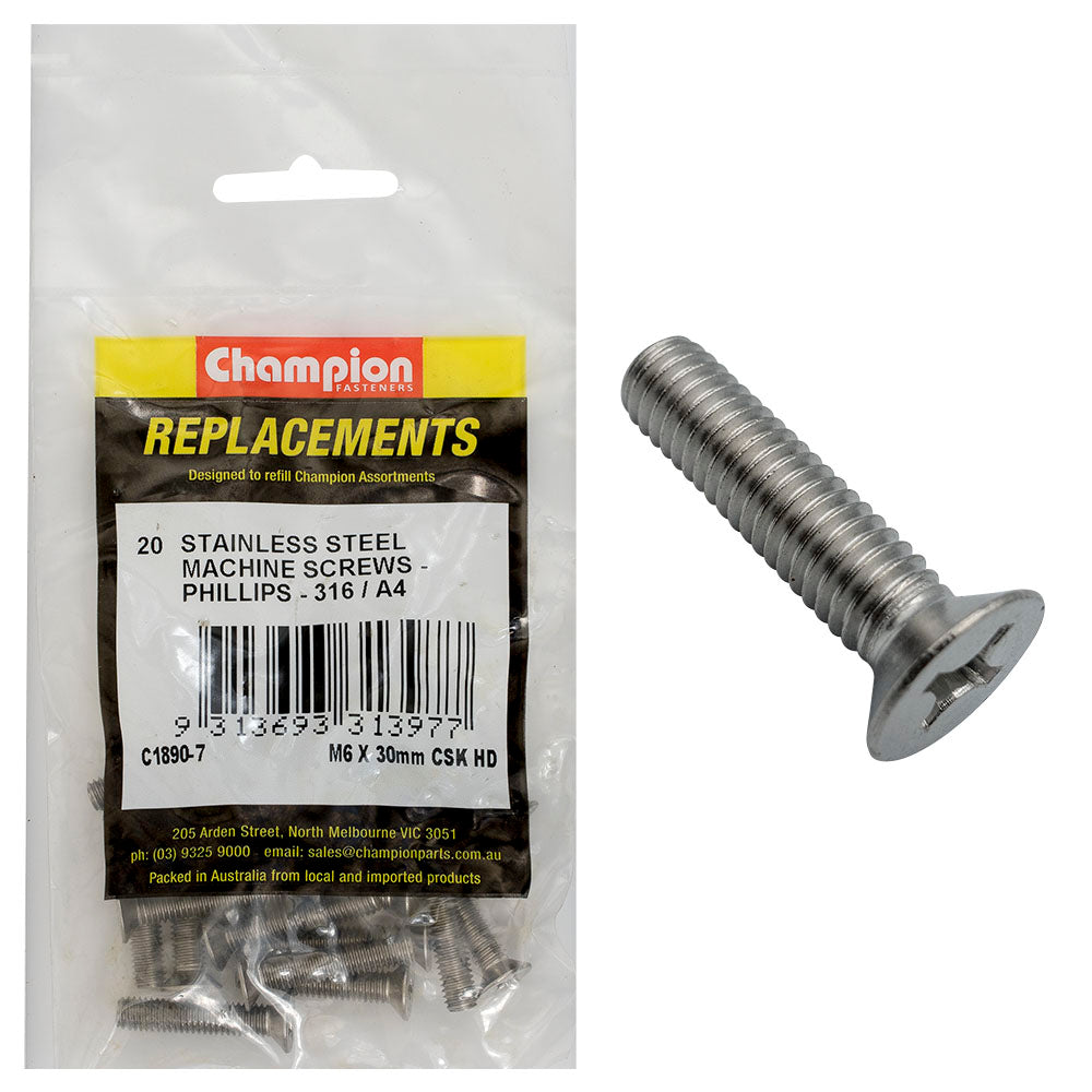 Champion M6 X 30Mm Machine Screw -Csk -Ph -316/A4 -20Pk