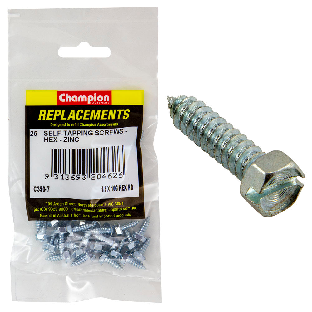 Champion 10G X 1In S/Tapping Screw Hex Head Phillips -25Pk