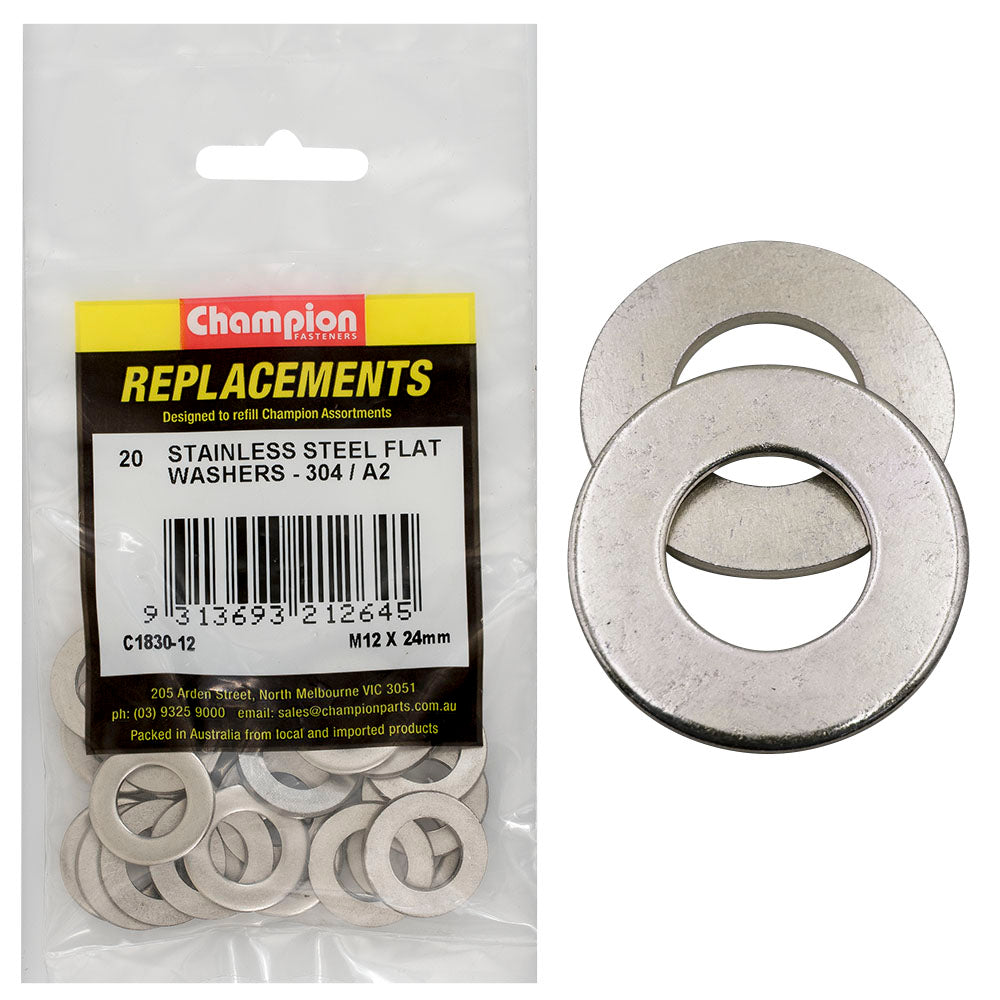 Champion M12 X 24Mm Stainless Flat Washer 304/A2 -20Pk