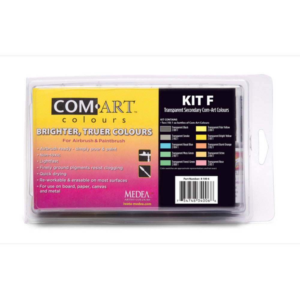 Iwata Medea Com-Art Airbrush And Paintbrush Paints 10Pc (Kit F) Transparent Primary Kit