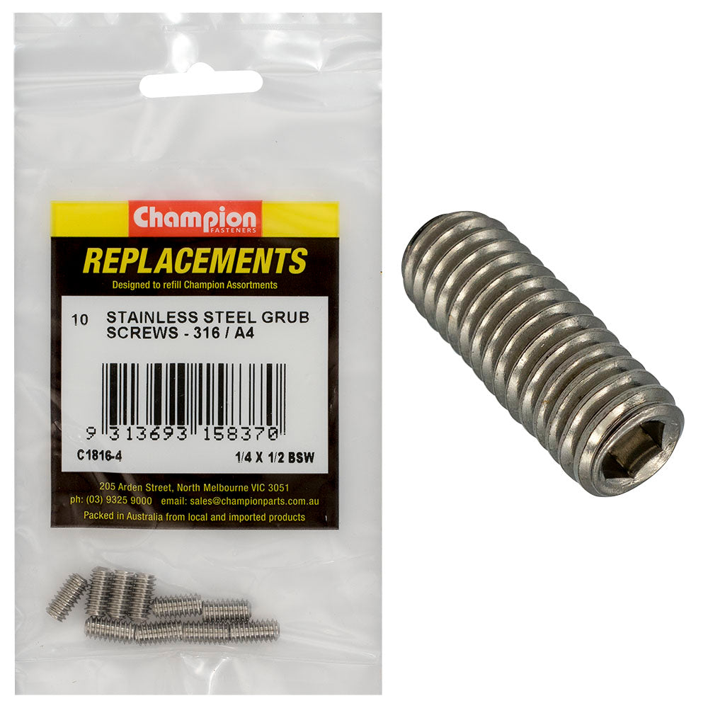 Champion 1/4In X 1/2In Bsw Grub Screw 316/A4 -10Pk