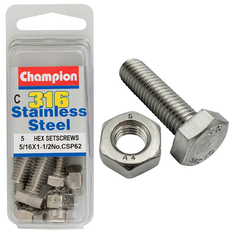 Champion 5/16In X 1-1/2In Unc Hex Set Screw 316/A4 (C)