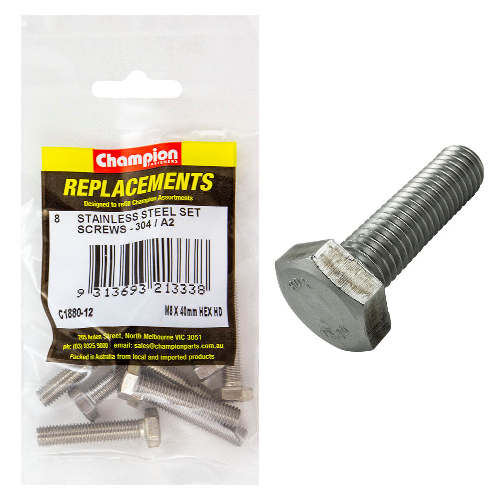 Champion M8 X 40Mm Stainless Set Screw 304/A2 -8Pk