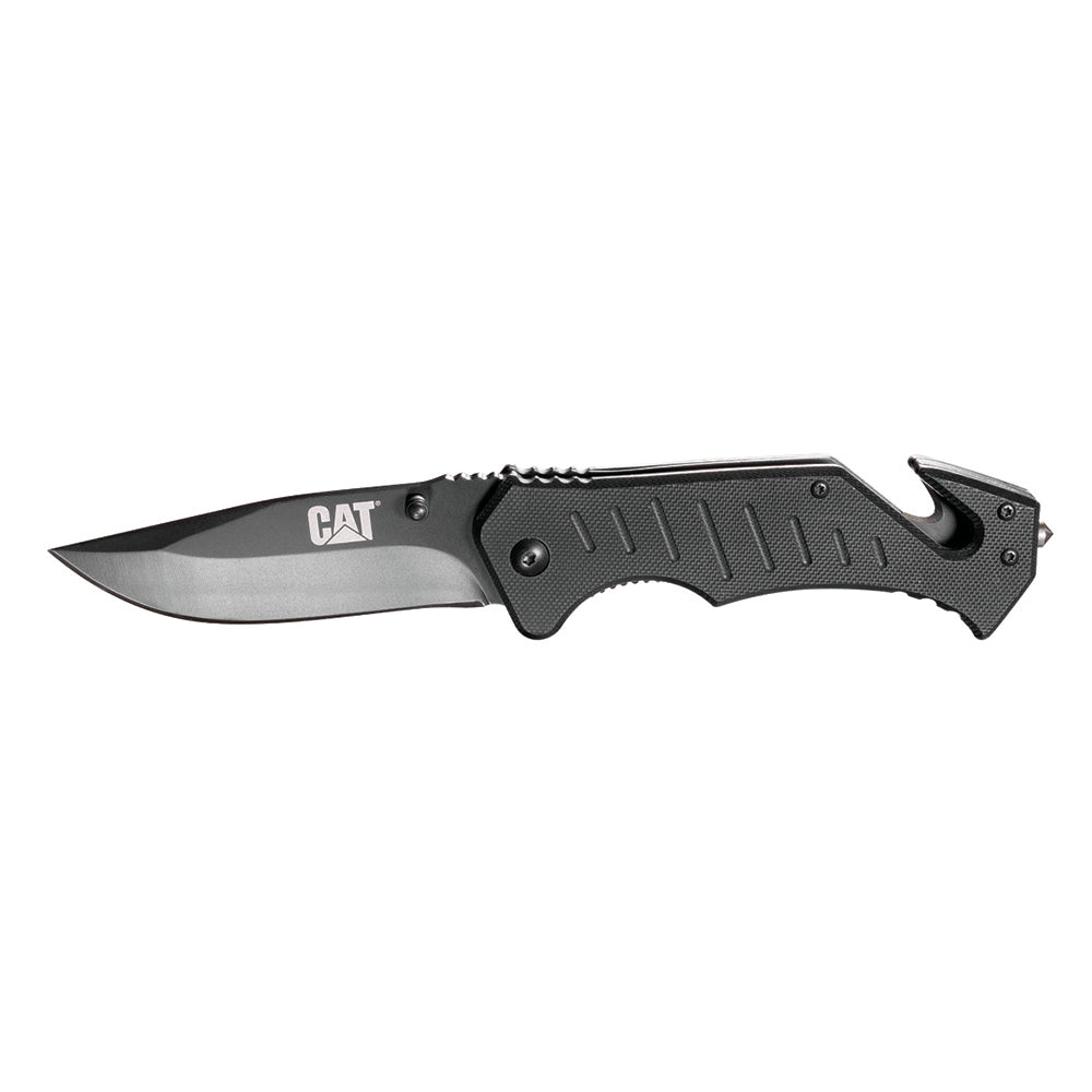 Cat 200Mm Drop Point Folding Knife W/Glass Break & Belt Cutter