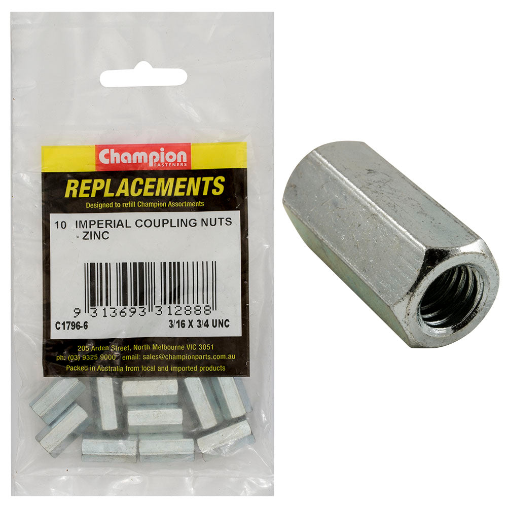 Champion 3/16In X 3/4In Unc Hex Coupler Nut -10Pk