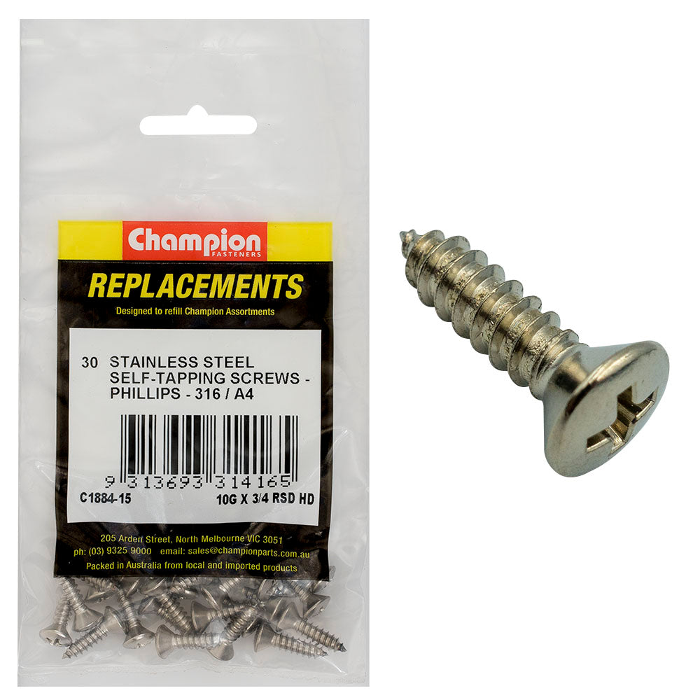 Champion 10G X 3/4In S/Tapping Screw -Rsd -Ph -316/A4 -30Pk