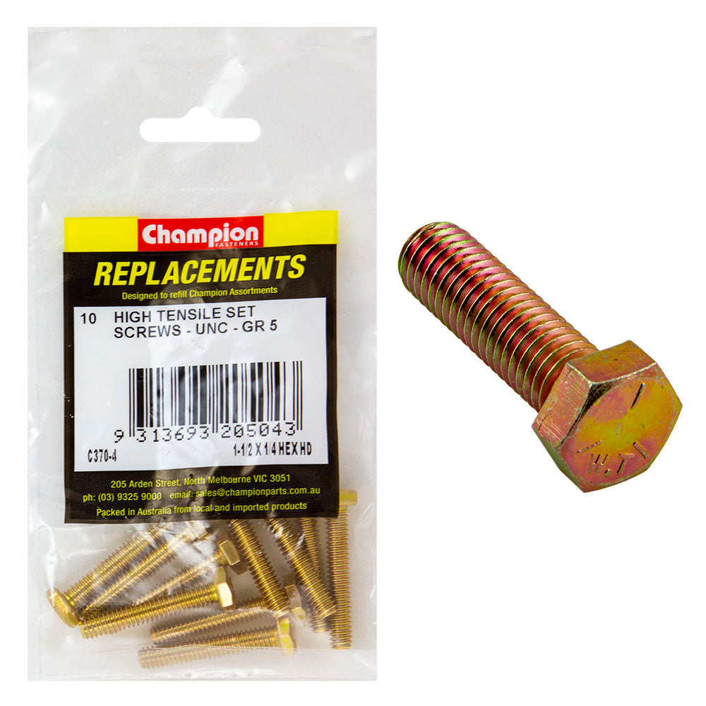 Champion 1/4In X 1-1/2In Unc Set Screw -Gr5 -10Pk