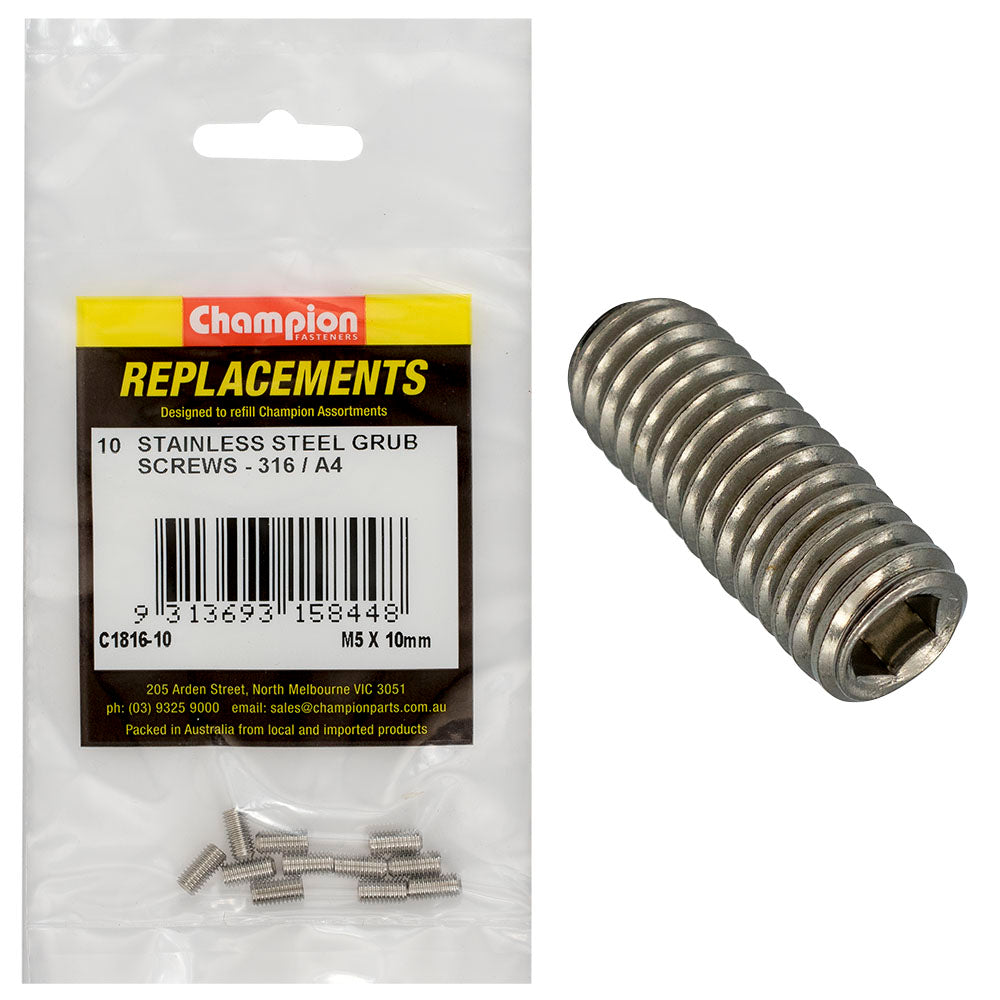 Champion M5 X 10Mm Metric Grub Screw 316/A4 -10Pk