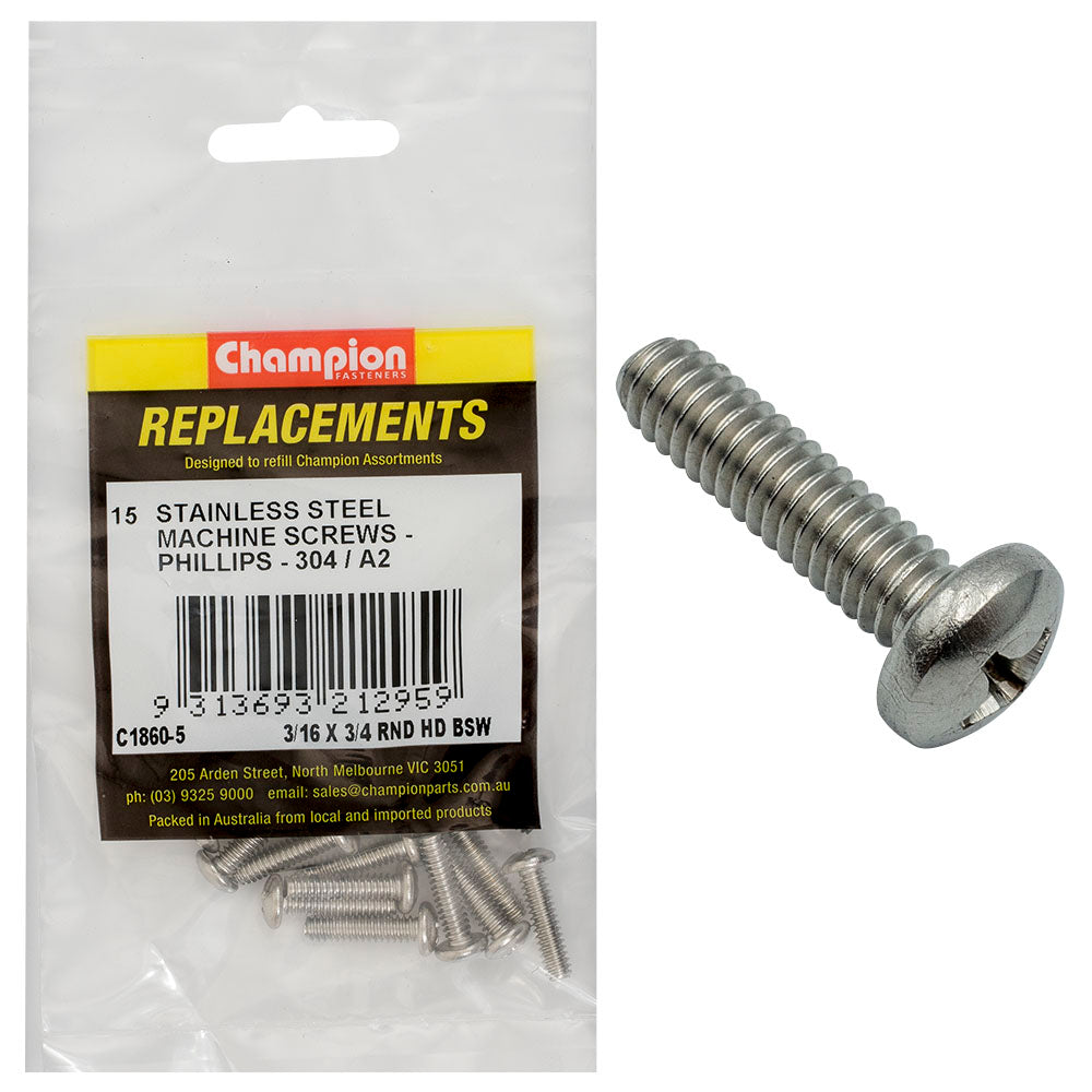 Champion 3/16In X 3/4In Bsw Machine Screw Pan Ph 304/A2-15Pk