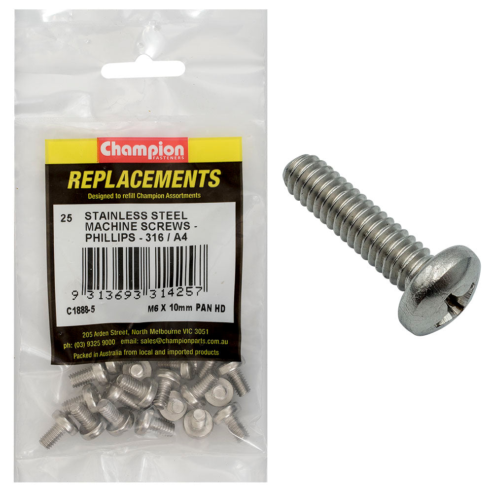 Champion M6 X 10Mm Machine Screw -Pan -Ph -316/A4 -25Pk