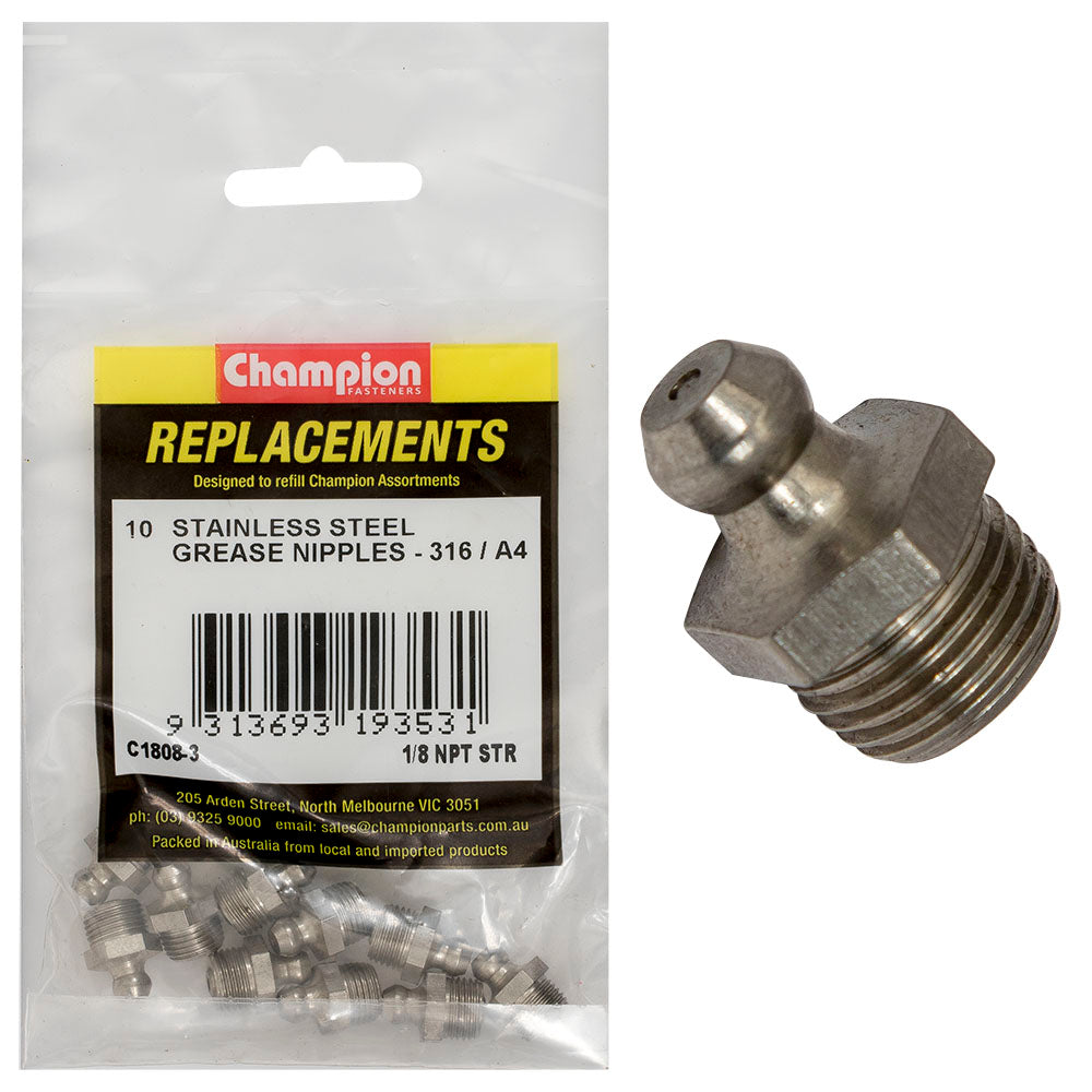 Champion Grease Nipple Stainless 1/8In Npt Str 316/A4 -10Pk