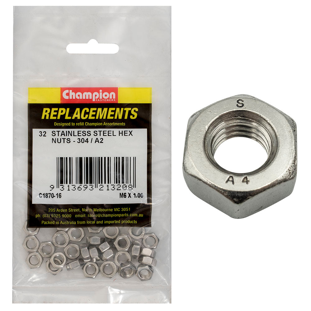 Champion M6 X 1.00 Stainless Hex Nut 304/A2 -32Pk