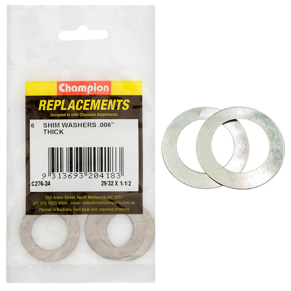 Champion 29/32In X 1-1/2In X 0.006In Shim Washer -6Pk