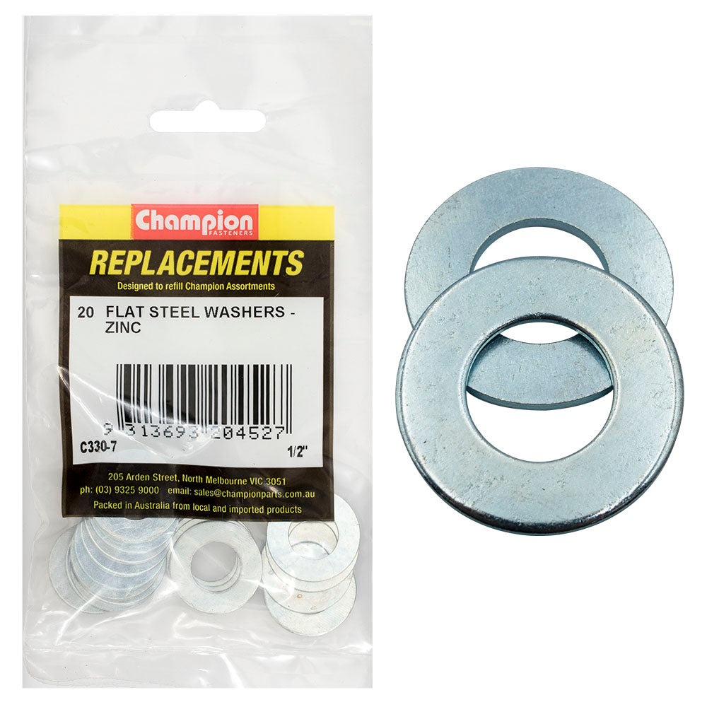 Champion 1/2In X 1In X 16G Flat Steel Washer -20Pk