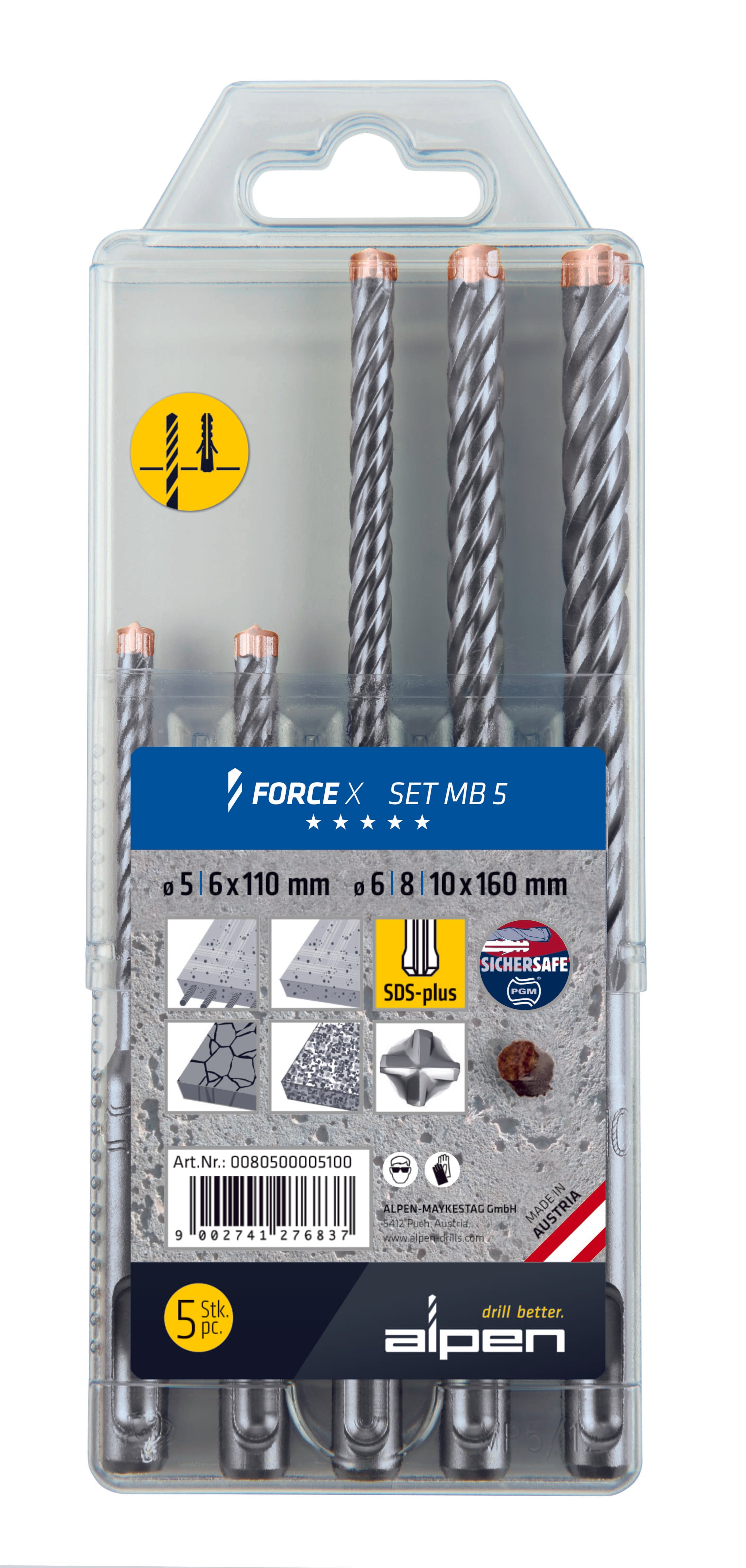 Alpen Series 805 Force X Sds-Plus Masonary Drill Set Mb5 5Pce