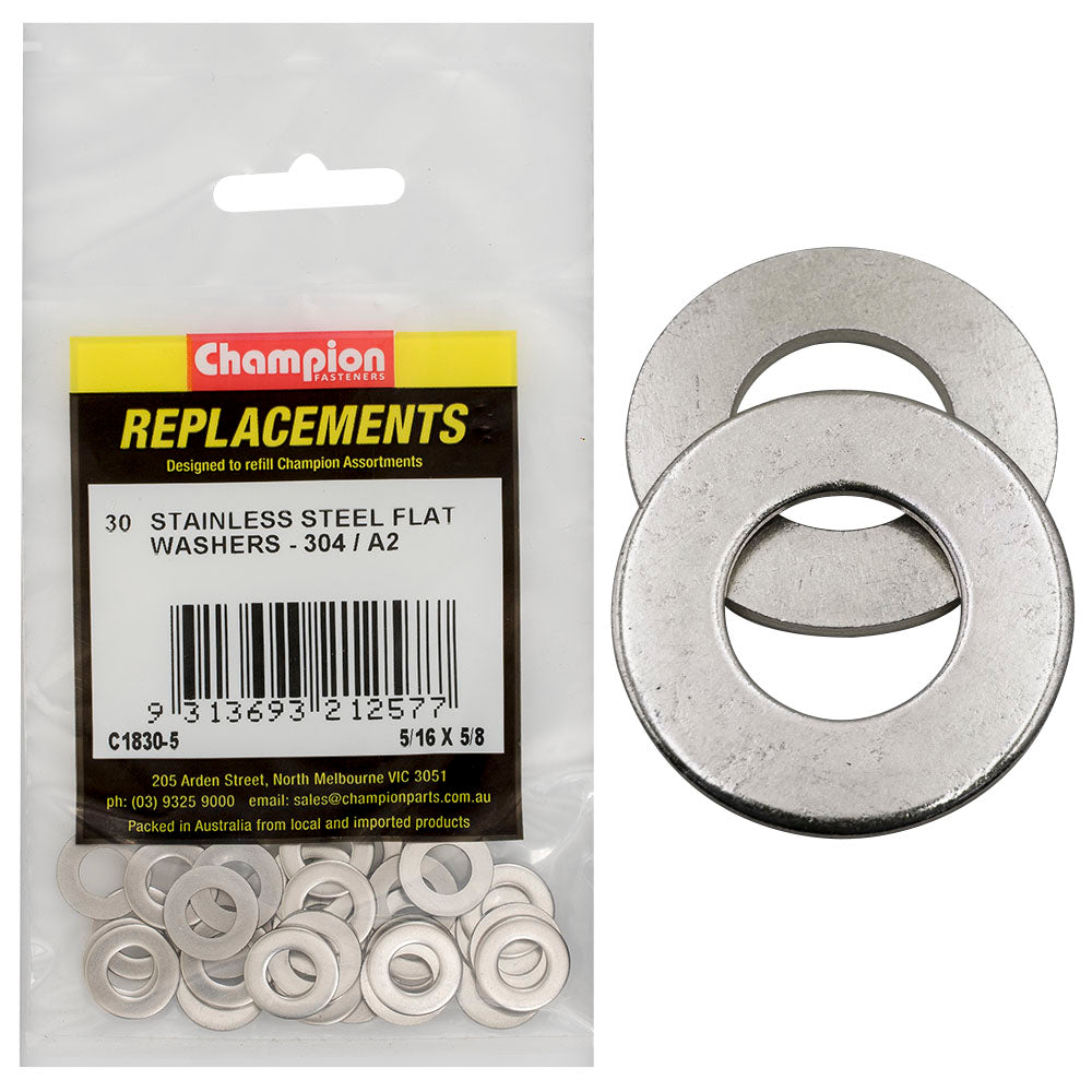 Champion 5/16 X 5/8In Stainless Flat Washer 304/A2 -30Pk