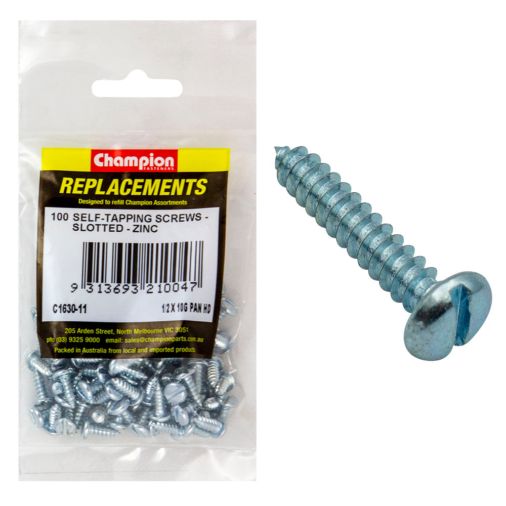 Champion 10G X 1/2In S/Tapping Screw Pan Head Slot -100Pk